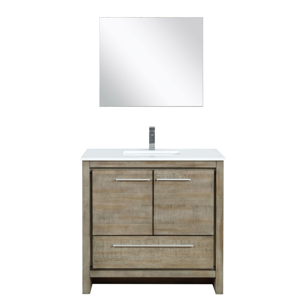 Lafarre 36" Rustic Acacia Vanity, White Quartz Top, Square Sink, Labaro Brushed Nickel Faucet Set, and 28" Mirror