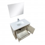 Lafarre 36" Rustic Acacia Vanity, White Quartz Top, Square Sink, Labaro Brushed Nickel Faucet Set, and 28" Mirror