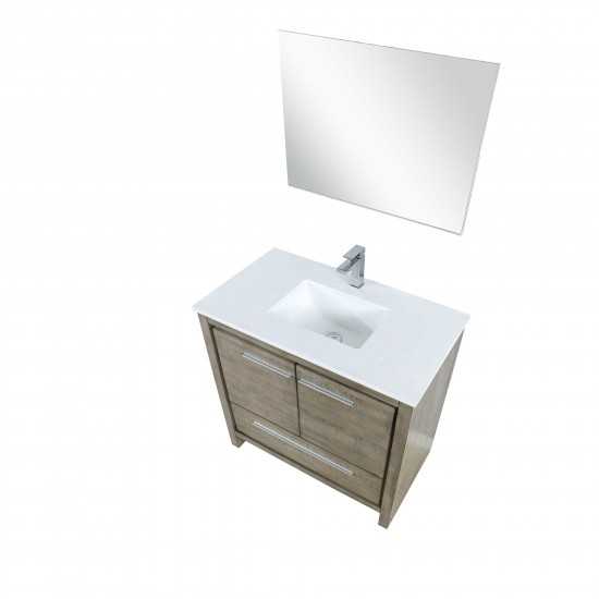 Lafarre 36" Rustic Acacia Vanity, White Quartz Top, Square Sink, Labaro Brushed Nickel Faucet Set, and 28" Mirror