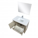 Lafarre 36" Rustic Acacia Vanity, White Quartz Top, Square Sink, Labaro Brushed Nickel Faucet Set, and 28" Mirror