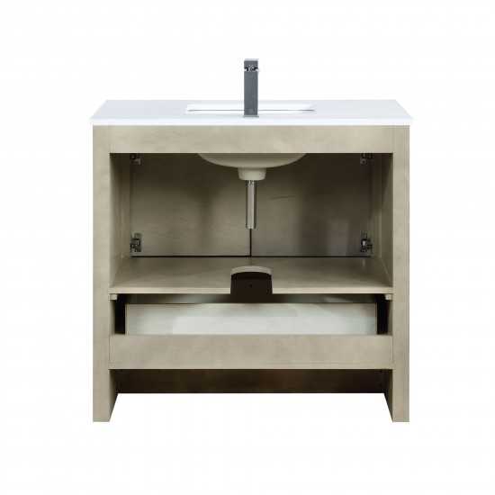 Lafarre 36" Rustic Acacia Vanity, White Quartz Top, Square Sink, Labaro Brushed Nickel Faucet Set, and 28" Mirror