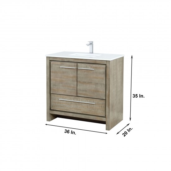 Lafarre 36" Rustic Acacia Vanity, White Quartz Top, Square Sink, Labaro Brushed Nickel Faucet Set, and 28" Mirror