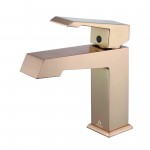 Lafarre 36" Rustic Acacia Bathroom Vanity, White Quartz Top, White Square Sink, and Labaro Rose Gold Faucet Set