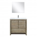 Lafarre 36" Rustic Acacia Vanity, White Quartz Top, White Square Sink, Labaro Rose Gold Faucet Set, and 28" Frameless Mirror