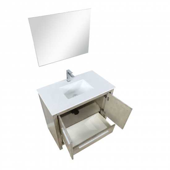 Lafarre 36" Rustic Acacia Vanity, White Quartz Top, White Square Sink, Labaro Rose Gold Faucet Set, and 28" Frameless Mirror