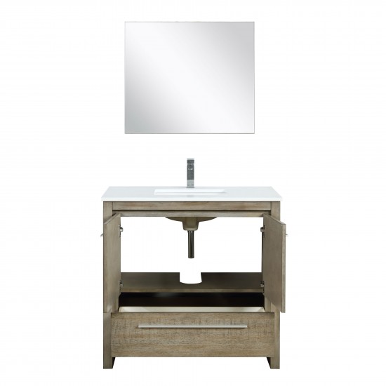 Lafarre 36" Rustic Acacia Vanity, White Quartz Top, White Square Sink, Balzani Gun Metal Faucet Set, and 28" Frameless Mirror