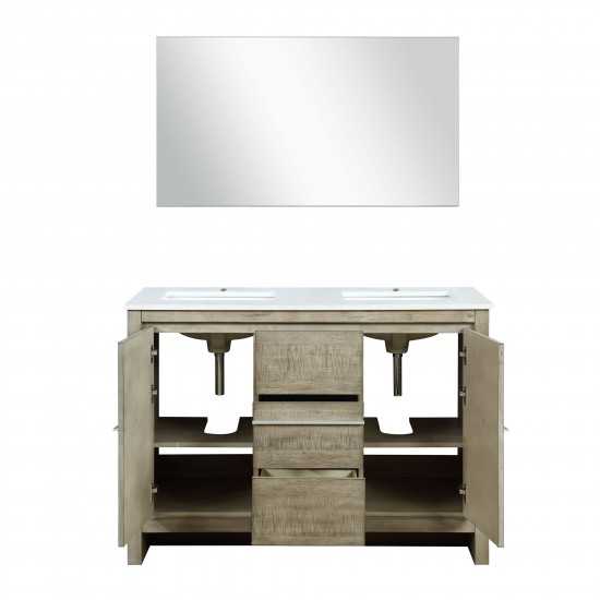 Lafarre 48" Rustic Acacia Double Bathroom Vanity, White Quartz Top, White Square Sink, and 43" Frameless Mirror