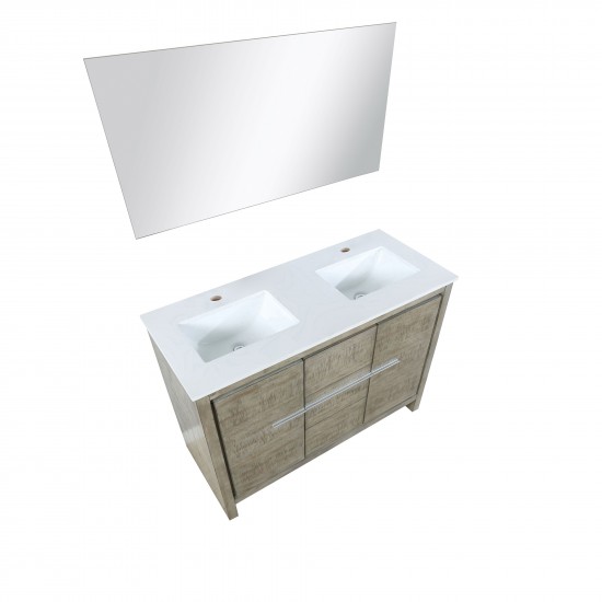 Lafarre 48" Rustic Acacia Double Bathroom Vanity, White Quartz Top, White Square Sink, and 43" Frameless Mirror