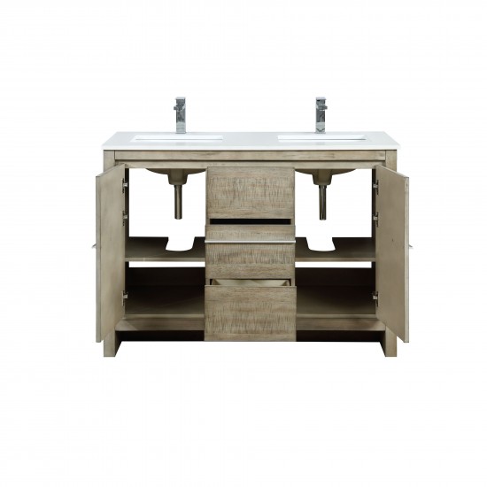 Lafarre 48" Rustic Acacia Double Bathroom Vanity, White Quartz Top, White Square Sink, and Monte Chrome Faucet Set