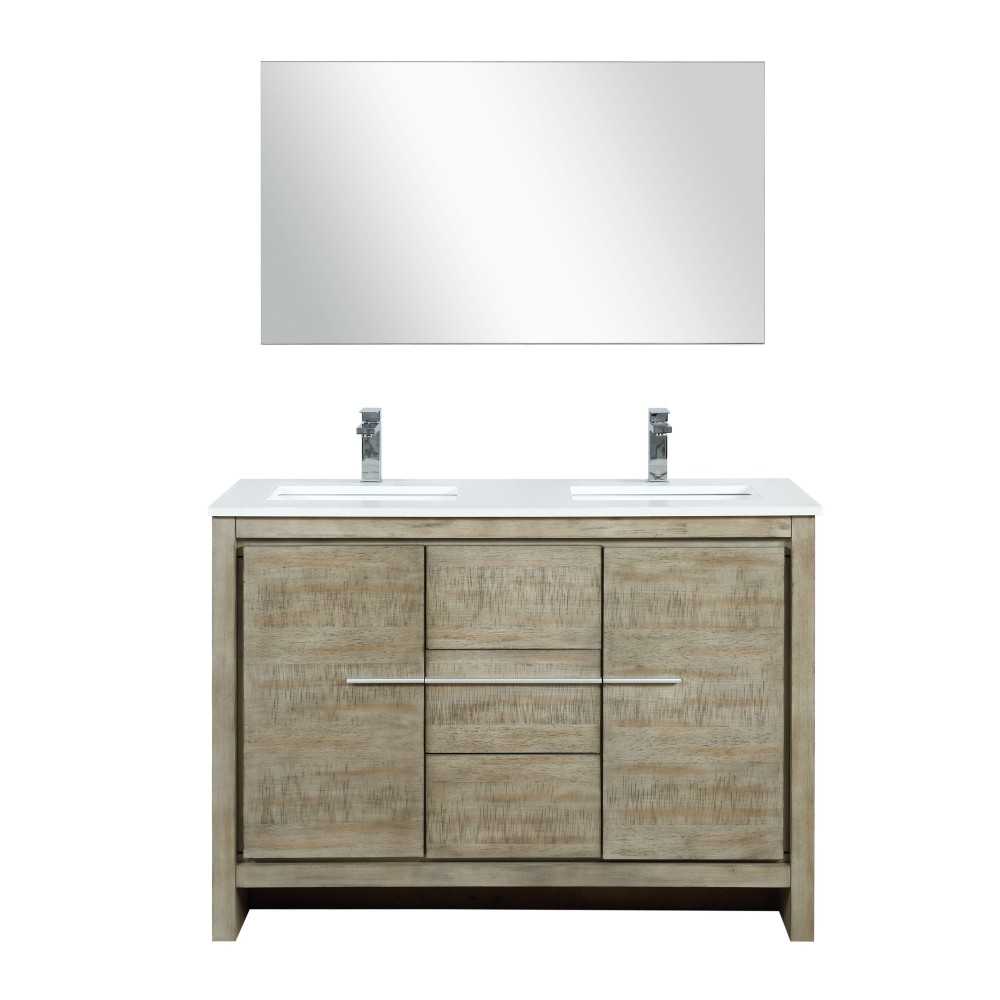 Lafarre 48" Rustic Acacia Double Vanity, White Quartz Top, White Square Sink, Monte Chrome Faucet Set, and 43" Frameless Mirr