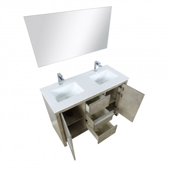 Lafarre 48" Rustic Acacia Double Vanity, White Quartz Top, White Square Sink, Monte Chrome Faucet Set, and 43" Frameless Mirr