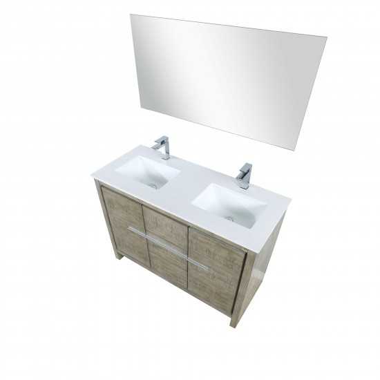 Lafarre 48" Rustic Acacia Double Vanity, White Quartz Top, White Square Sink, Monte Chrome Faucet Set, and 43" Frameless Mirr