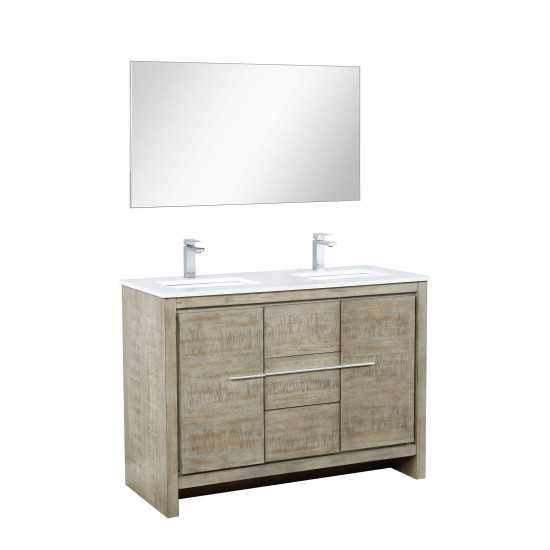 Lafarre 48" Rustic Acacia Double Vanity, White Quartz Top, White Square Sink, Monte Chrome Faucet Set, and 43" Frameless Mirr