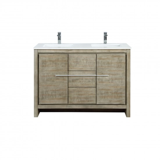 Lafarre 48" Rustic Acacia Double Bathroom Vanity, White Quartz Top, White Square Sink, and Labaro Brushed Nickel Faucet Set