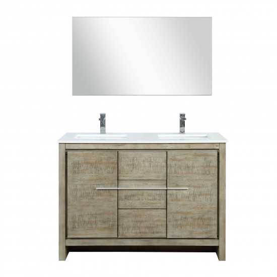 Lafarre 48" Rustic Acacia Double Vanity, White Quartz Top, Square Sink, Labaro Brushed Nickel Faucet Set, and 43" Mirror