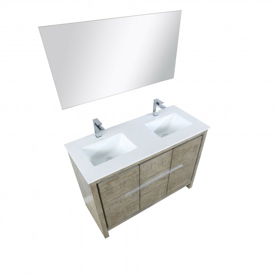Lafarre 48" Rustic Acacia Double Vanity, White Quartz Top, Square Sink, Labaro Brushed Nickel Faucet Set, and 43" Mirror