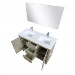 Lafarre 48" Rustic Acacia Double Vanity, White Quartz Top, Square Sink, Labaro Brushed Nickel Faucet Set, and 43" Mirror