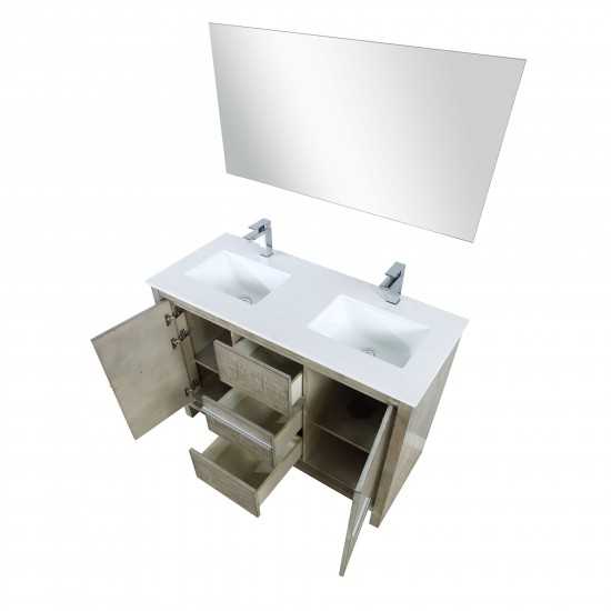 Lafarre 48" Rustic Acacia Double Vanity, White Quartz Top, Square Sink, Labaro Brushed Nickel Faucet Set, and 43" Mirror
