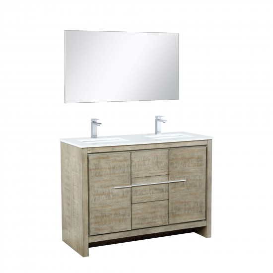Lafarre 48" Rustic Acacia Double Vanity, White Quartz Top, Square Sink, Labaro Brushed Nickel Faucet Set, and 43" Mirror
