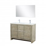 Lafarre 48" Rustic Acacia Double Vanity, White Quartz Top, Square Sink, Labaro Brushed Nickel Faucet Set, and 43" Mirror