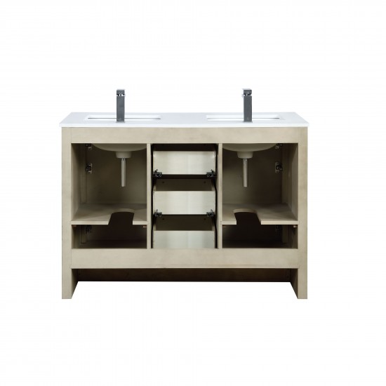 Lafarre 48" Rustic Acacia Double Vanity, White Quartz Top, Square Sink, Labaro Brushed Nickel Faucet Set, and 43" Mirror