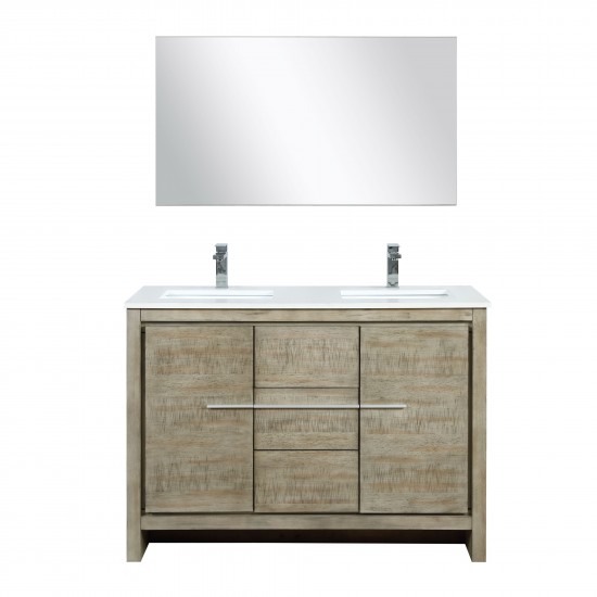 Lafarre 48" Rustic Acacia Double Vanity, White Quartz Top, Square Sink, Labaro Rose Gold Faucet Set, and 43" Mirror