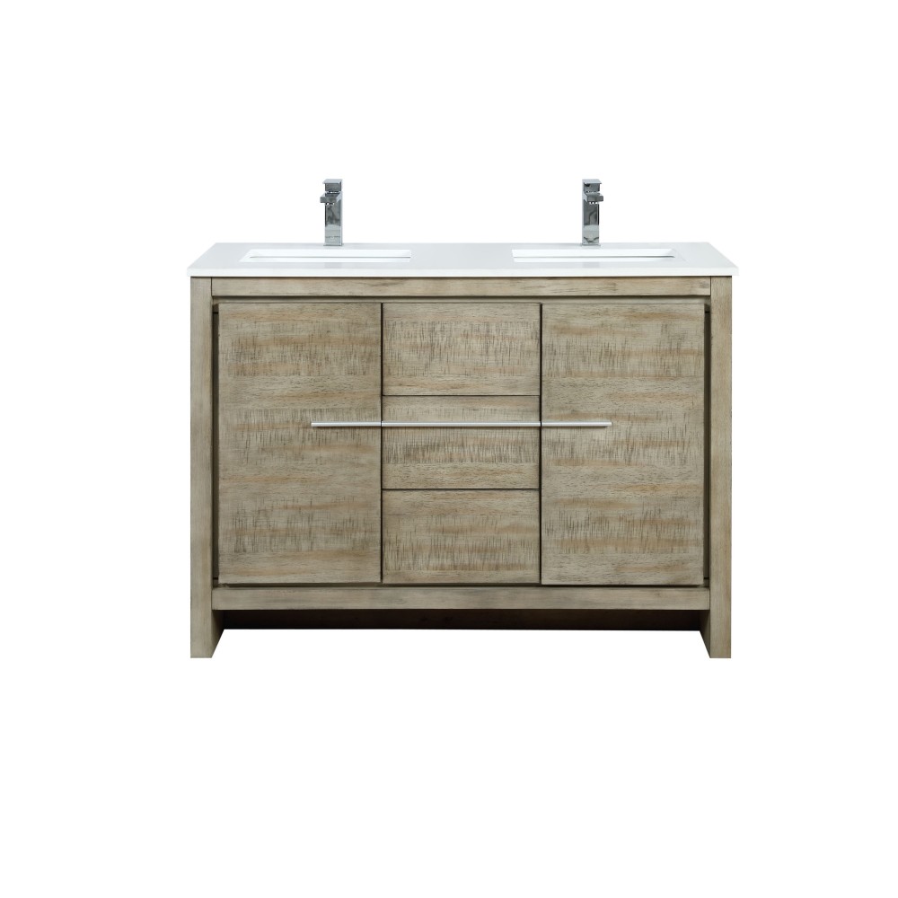 Lafarre 48" Rustic Acacia Double Bathroom Vanity, White Quartz Top, White Square Sink, and Balzani Gun Metal Faucet Set