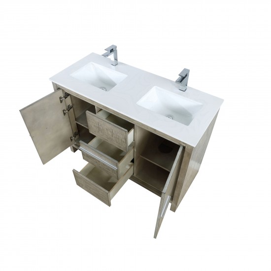 Lafarre 48" Rustic Acacia Double Bathroom Vanity, White Quartz Top, White Square Sink, and Balzani Gun Metal Faucet Set