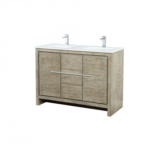 Lafarre 48" Rustic Acacia Double Bathroom Vanity, White Quartz Top, White Square Sink, and Balzani Gun Metal Faucet Set