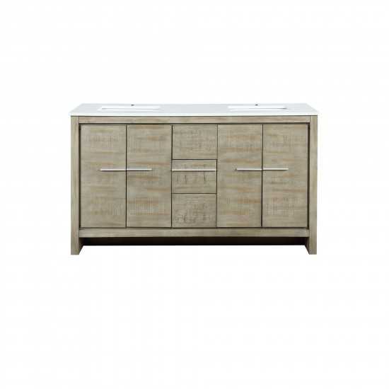 Lafarre 60" Rustic Acacia Double Bathroom Vanity, White Quartz Top, and White Square Sinks