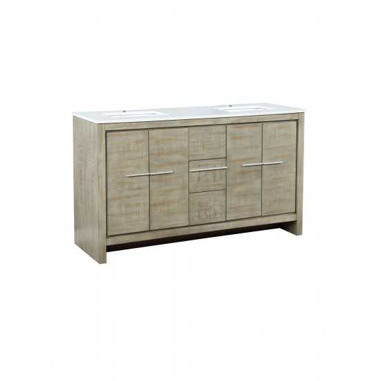 Lafarre 60" Rustic Acacia Double Bathroom Vanity, White Quartz Top, and White Square Sinks