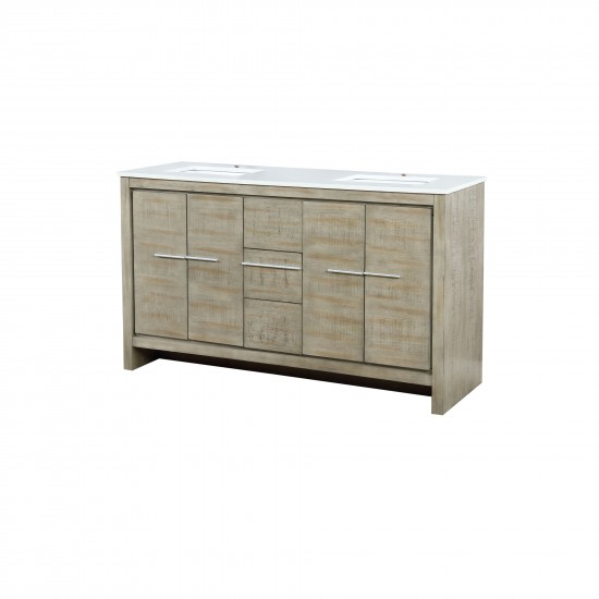 Lafarre 60" Rustic Acacia Double Bathroom Vanity, White Quartz Top, and White Square Sinks