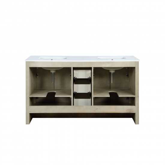 Lafarre 60" Rustic Acacia Double Bathroom Vanity, White Quartz Top, and White Square Sinks