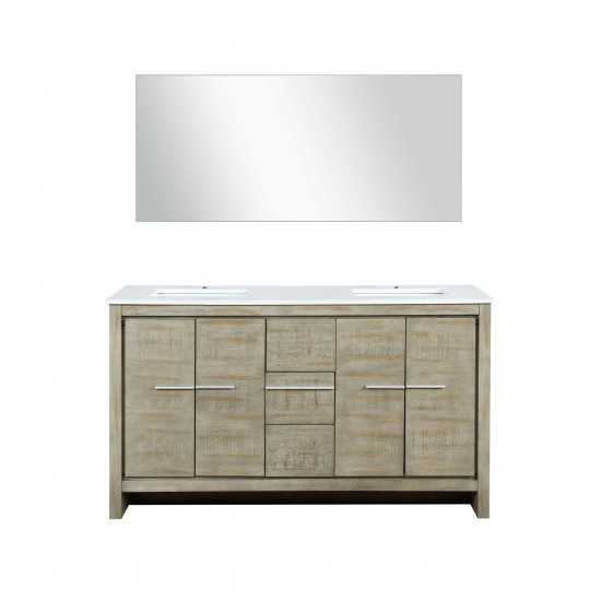 Lafarre 60" Rustic Acacia Double Bathroom Vanity, White Quartz Top, White Square Sinks, and 55" Frameless Mirror