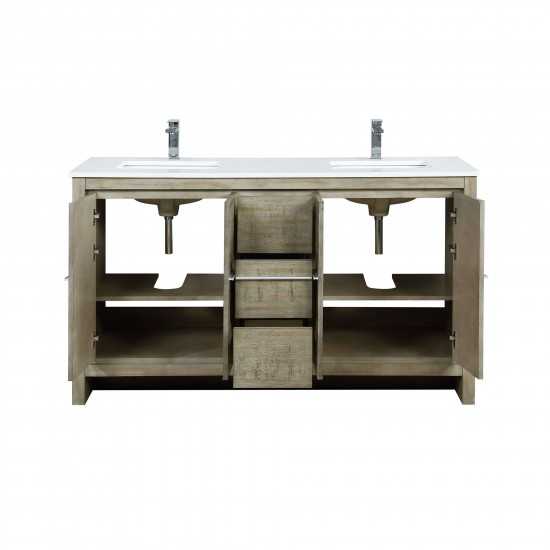 Lafarre 60" Rustic Acacia Double Bathroom Vanity, White Quartz Top, White Square Sinks, and Monte Chrome Faucet Set