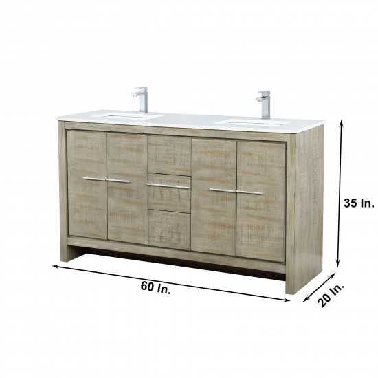 Lafarre 60" Rustic Acacia Double Bathroom Vanity, White Quartz Top, White Square Sinks, and Monte Chrome Faucet Set