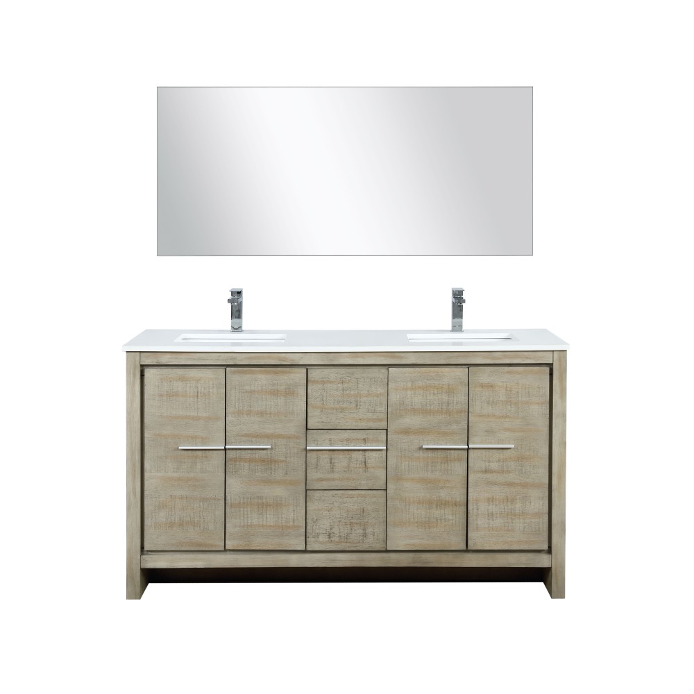 Lafarre 60 Rustic Acacia Double Vanity, White Quartz Top, White Square Sinks, Monte Chrome Faucet Set, and 55 Frameless Mirro