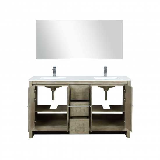 Lafarre 60 Rustic Acacia Double Vanity, White Quartz Top, White Square Sinks, Monte Chrome Faucet Set, and 55 Frameless Mirro