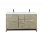 Lafarre 60" Rustic Acacia Double Bathroom Vanity, White Quartz Top, White Square Sinks, and Labaro Brushed Nickel Faucet Set