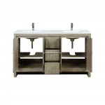 Lafarre 60" Rustic Acacia Double Bathroom Vanity, White Quartz Top, White Square Sinks, and Labaro Brushed Nickel Faucet Set