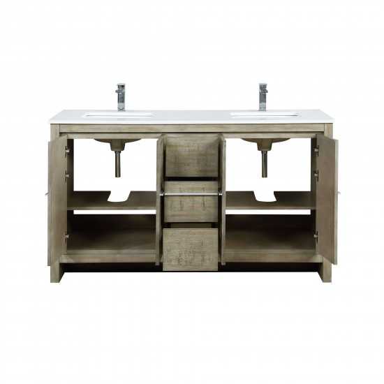 Lafarre 60" Rustic Acacia Double Bathroom Vanity, White Quartz Top, White Square Sinks, and Labaro Brushed Nickel Faucet Set