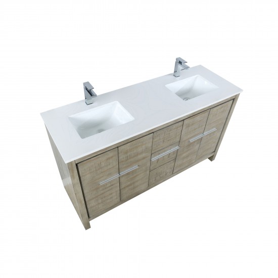Lafarre 60" Rustic Acacia Double Bathroom Vanity, White Quartz Top, White Square Sinks, and Labaro Brushed Nickel Faucet Set