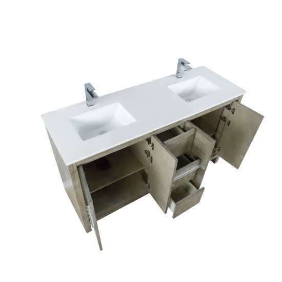 Lafarre 60" Rustic Acacia Double Bathroom Vanity, White Quartz Top, White Square Sinks, and Labaro Brushed Nickel Faucet Set