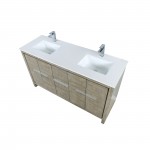Lafarre 60" Rustic Acacia Double Bathroom Vanity, White Quartz Top, White Square Sinks, and Labaro Brushed Nickel Faucet Set