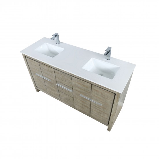 Lafarre 60" Rustic Acacia Double Bathroom Vanity, White Quartz Top, White Square Sinks, and Labaro Brushed Nickel Faucet Set