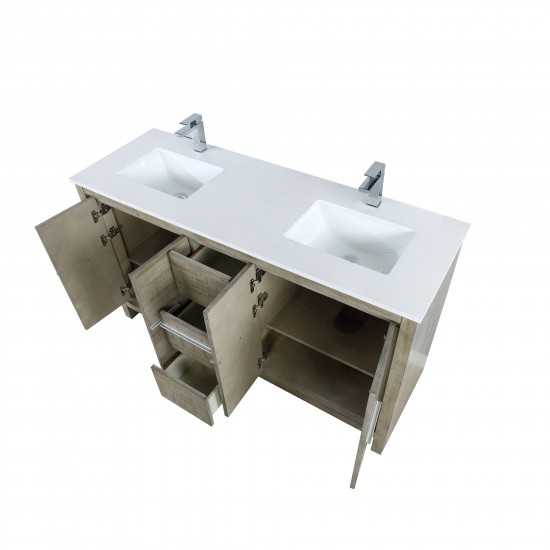 Lafarre 60" Rustic Acacia Double Bathroom Vanity, White Quartz Top, White Square Sinks, and Labaro Brushed Nickel Faucet Set