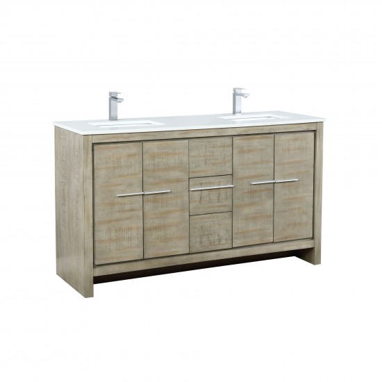 Lafarre 60" Rustic Acacia Double Bathroom Vanity, White Quartz Top, White Square Sinks, and Labaro Brushed Nickel Faucet Set