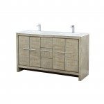 Lafarre 60" Rustic Acacia Double Bathroom Vanity, White Quartz Top, White Square Sinks, and Labaro Brushed Nickel Faucet Set