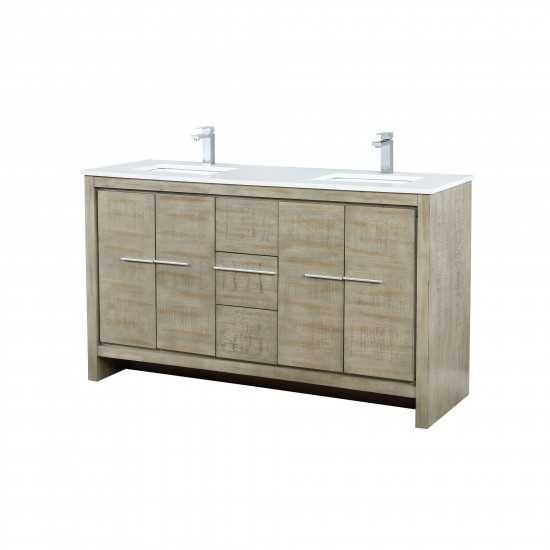 Lafarre 60" Rustic Acacia Double Bathroom Vanity, White Quartz Top, White Square Sinks, and Labaro Brushed Nickel Faucet Set