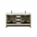 Lafarre 60" Rustic Acacia Double Bathroom Vanity, White Quartz Top, White Square Sinks, and Labaro Brushed Nickel Faucet Set